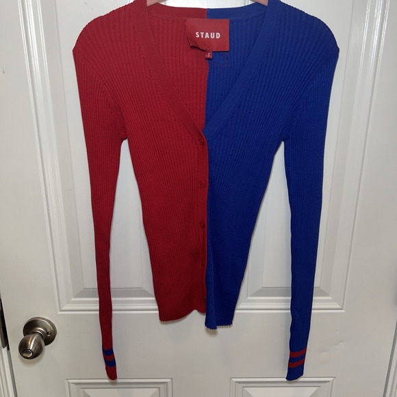 Rare Women's STAUD Blue/red Buffalo Bills Cargo Cardigan Sweater Size Small - Picture 1 of 6